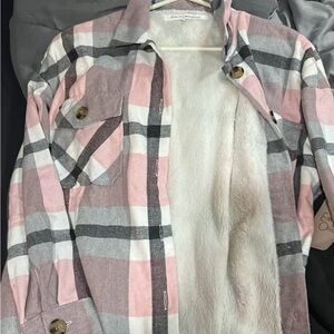 Eden & Olivia Pink and Gray Plaid Coat with Faux Fur